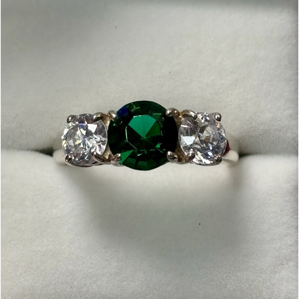 .925 Silver Ring W/ CZ & Simulated Emeralds Size 10